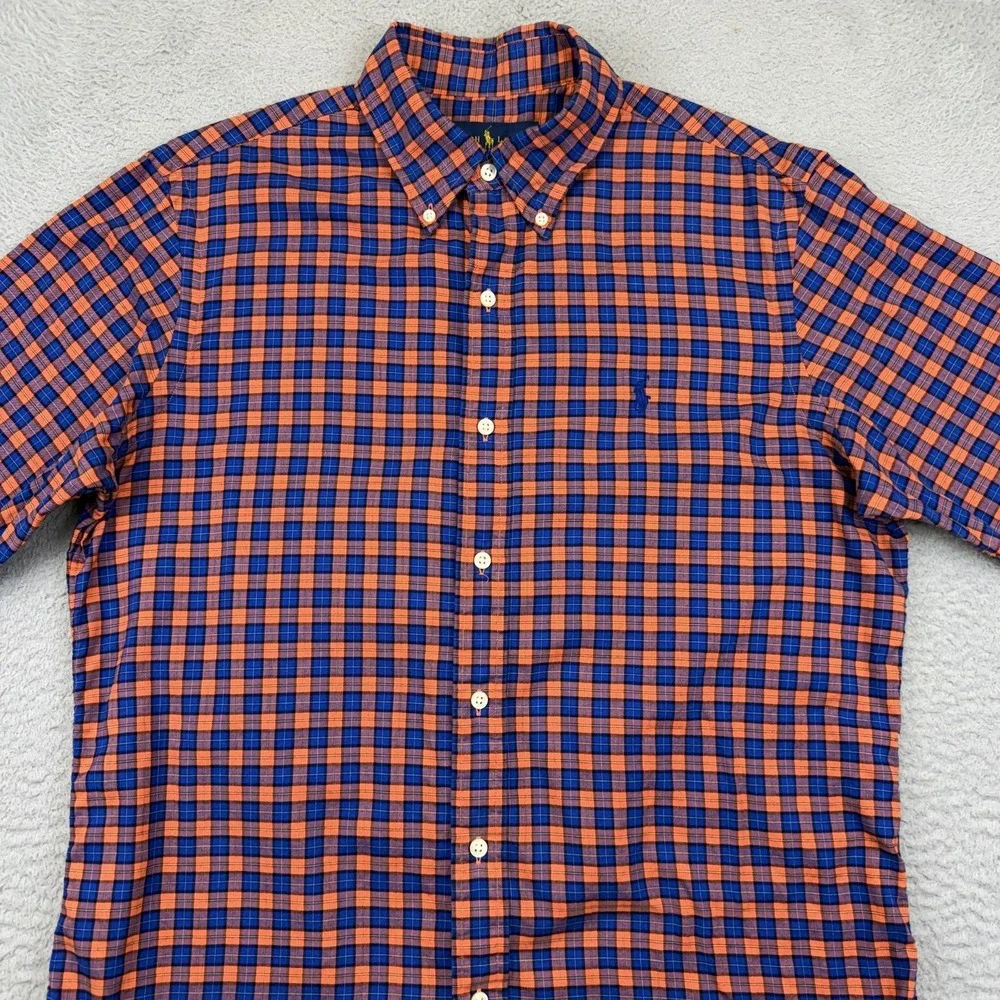 Ralph Lauren Shirt Mens Medium Blue Orange Check Button Down Long Sleeve Cotton